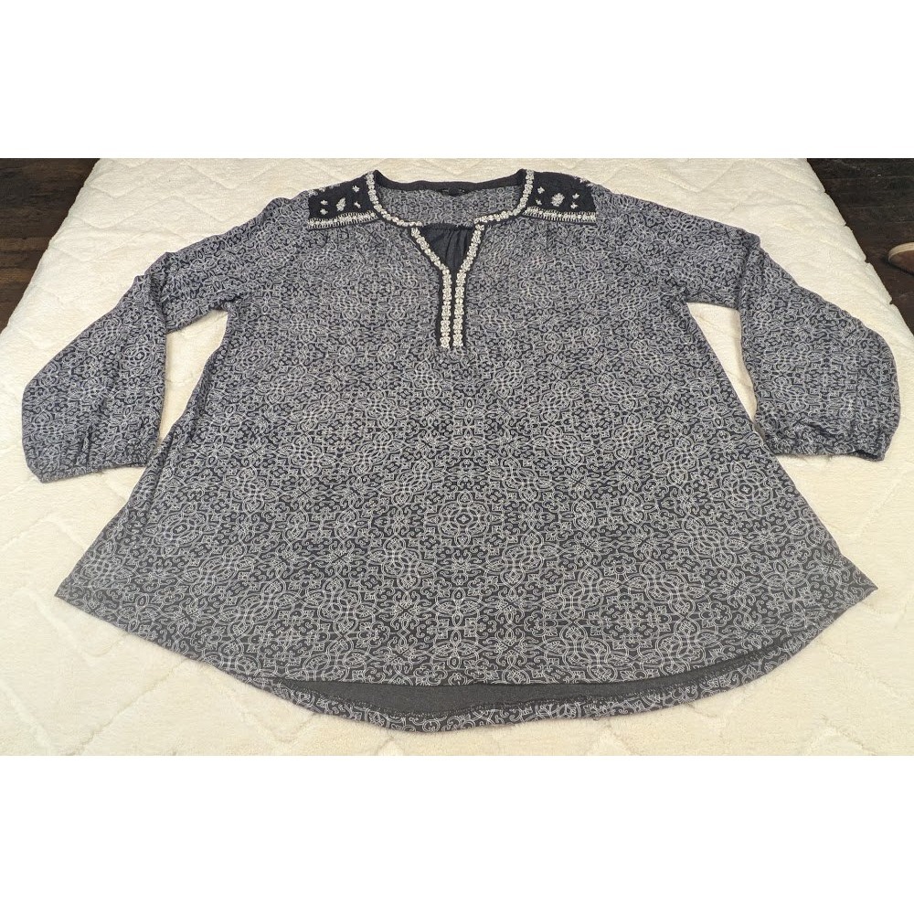 Lucky Brand Womens 1X Grey Geometric Embroidered Split Neck Peasant Blouse Top